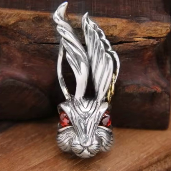 Punk Rock Rabbit- Bunny Hare Red Garnet Eyes Pierced Ears Animal Silver Necklace - Picture 5 of 16